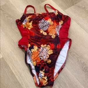 Vintage UjENA Red and Orange One Piece Swimsuit Vibrant Floral Design